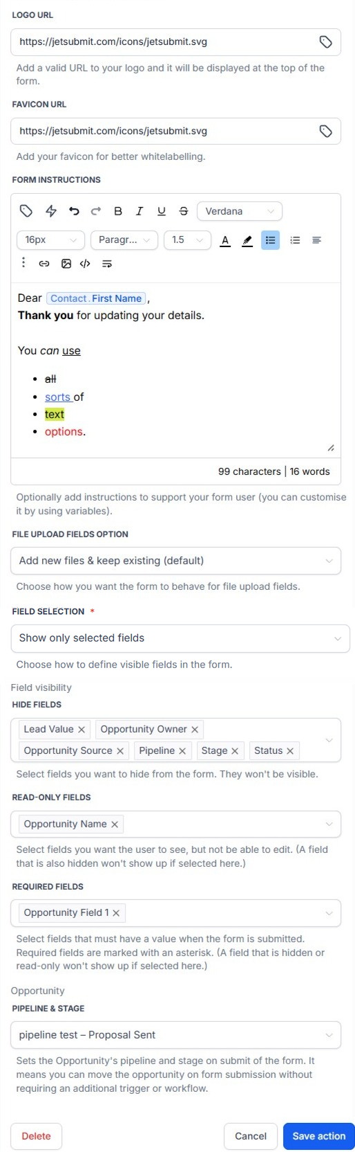 Generate Record Update Form action – Logo URL, Favicon URL, Form Instructions, File Upload Fields Option, Field Selection, Hide/Read-only/Required fields and Pipeline & Stage